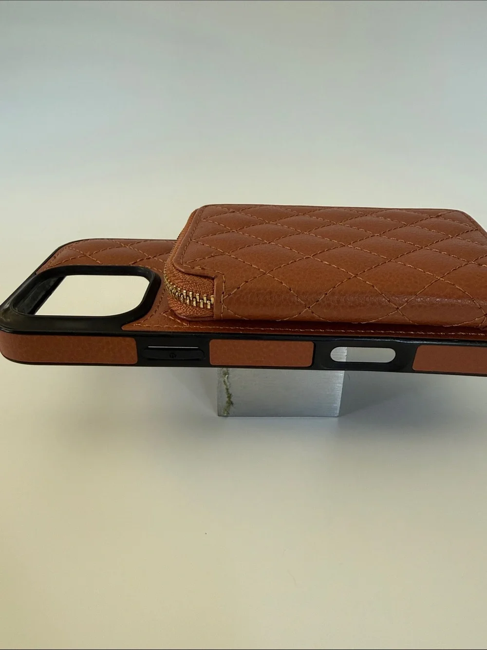 Brown Quilted Zipper Wallet Phone Case for iPhone 16 ProMax